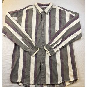 VTG Shah Safari Shirt Mens Xl Striped Railroad Burgundy Green Stripe Button Up